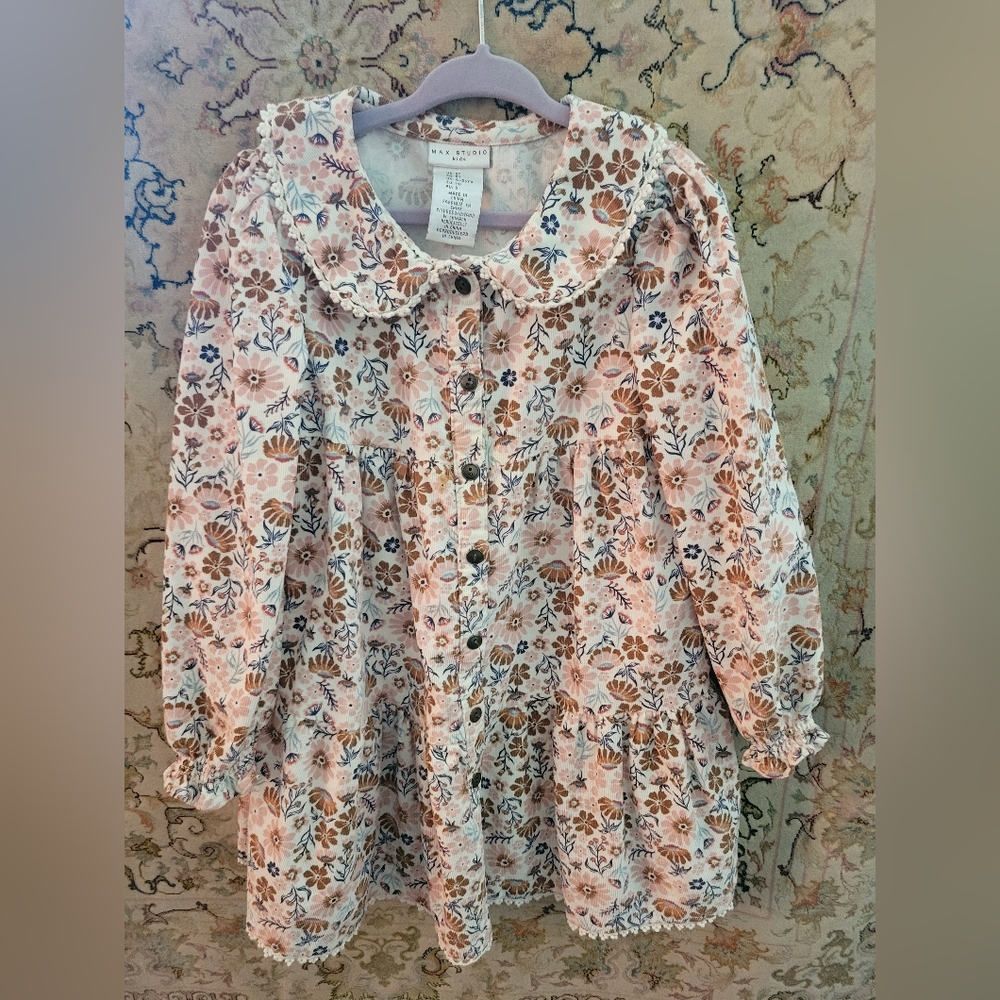 Max Studio Kids Floral Button-Up Dress with Lace Trim And Scalloped Collar